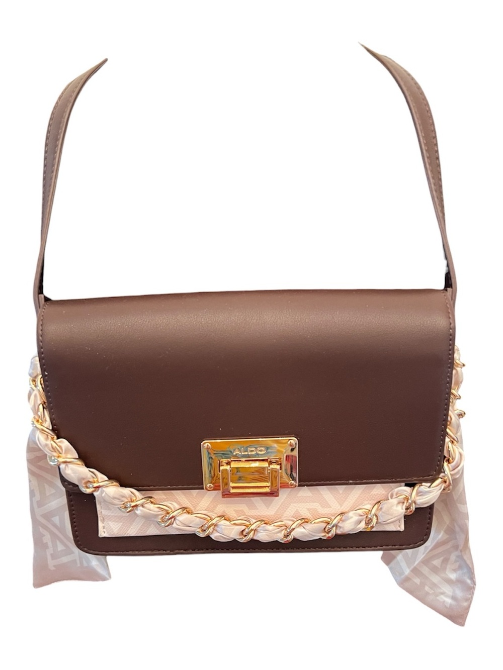 NWT ALDO Brown Faux Leather Shoulder Bag with Gold Chain and Scarf Accent